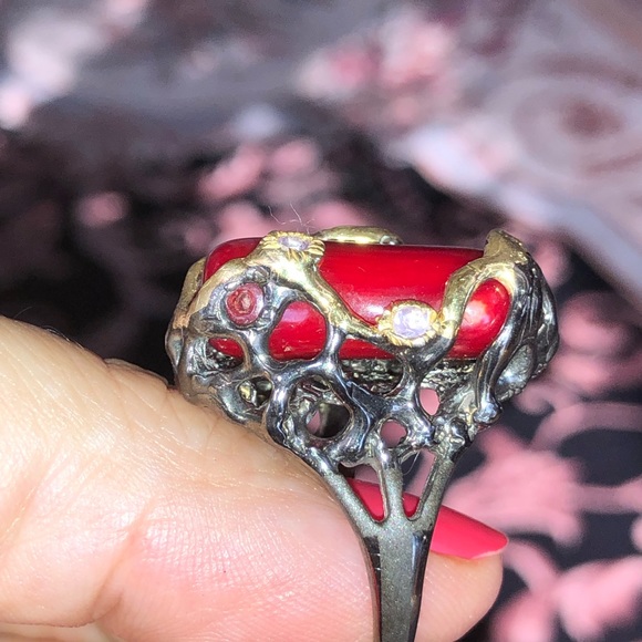 Unique Natural Red Coral Ring with Amethyst